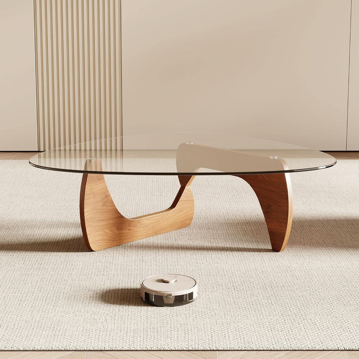 42.5 Inch Triangular Glass Coffee Table Natural Wood-4