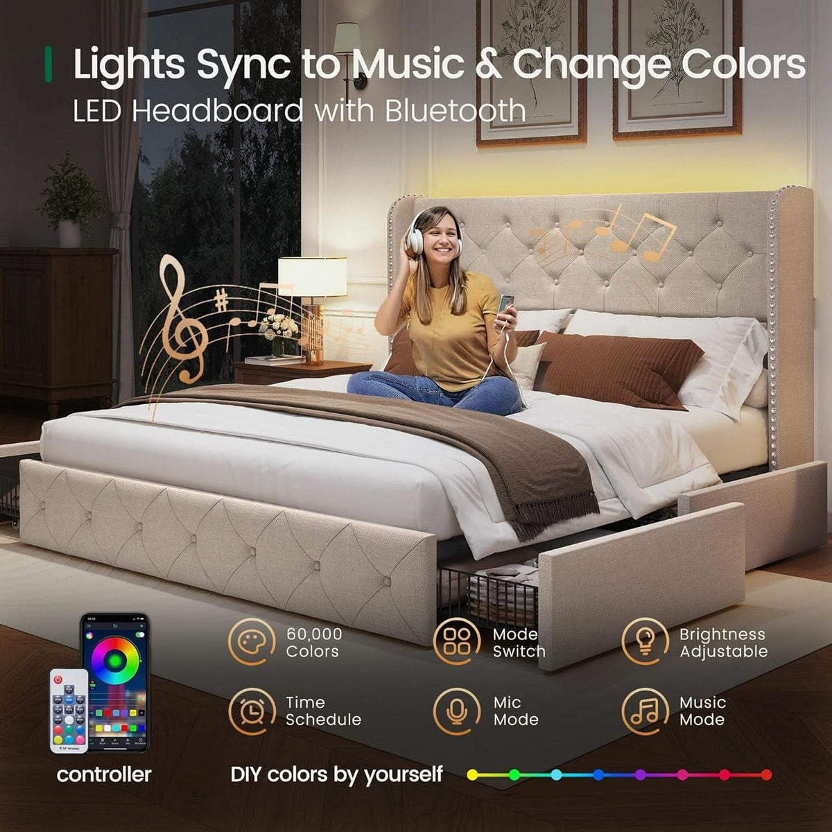 Queen Upholstered Platform Bed Frame Integrated LEDs-3