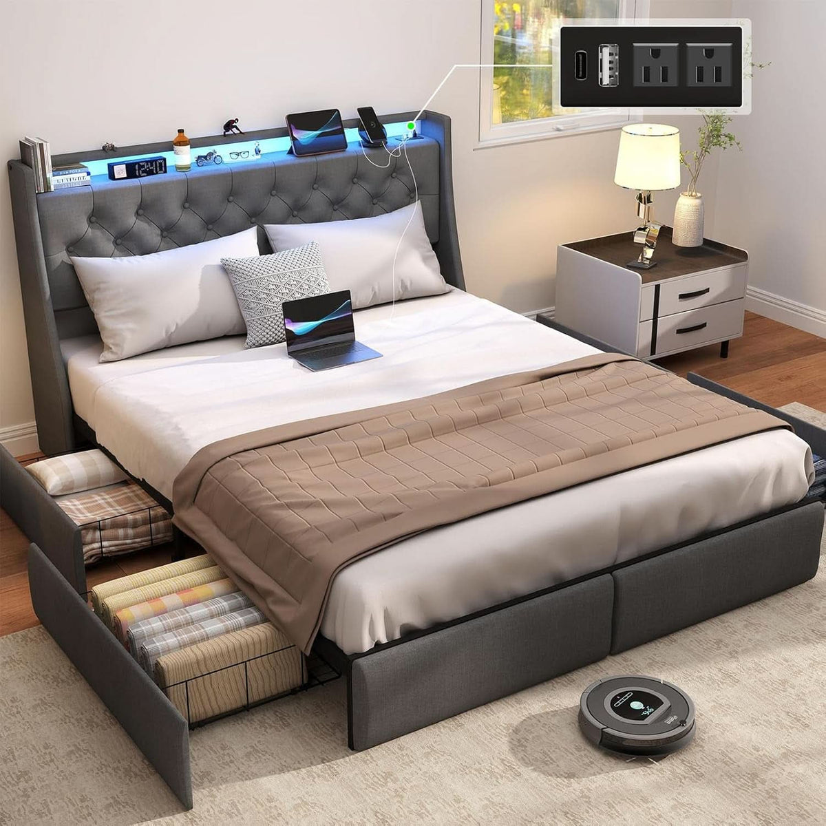 Queen Bed Frame With Storage Headboard LED Lighting-0