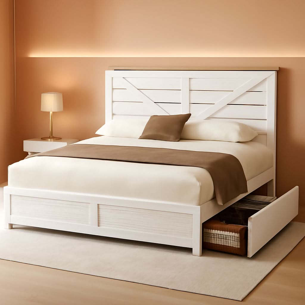 Barnwood White Farmhouse Storage Platform Bed Frame-0