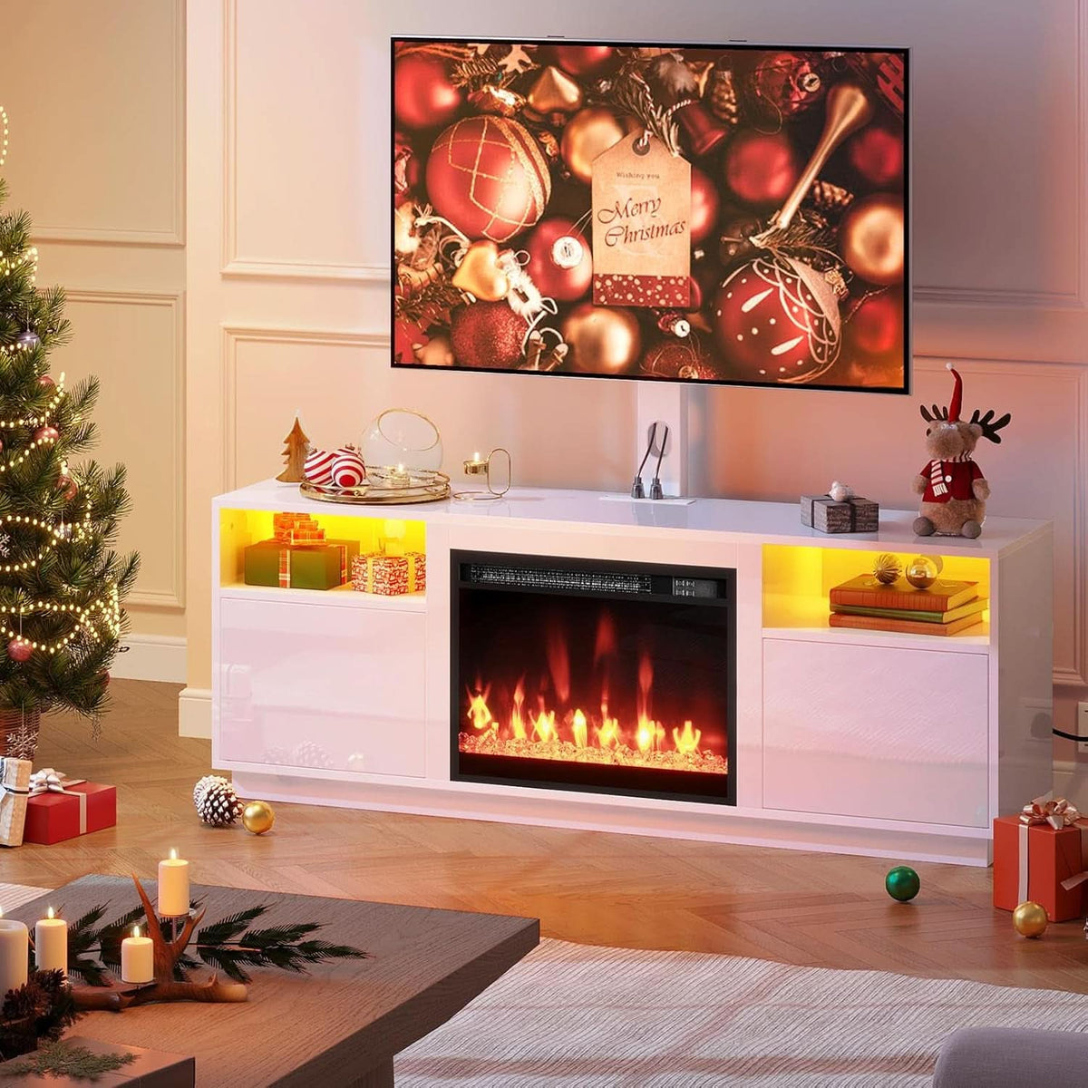 White Electric Fireplace TV Stand With Illumination-1