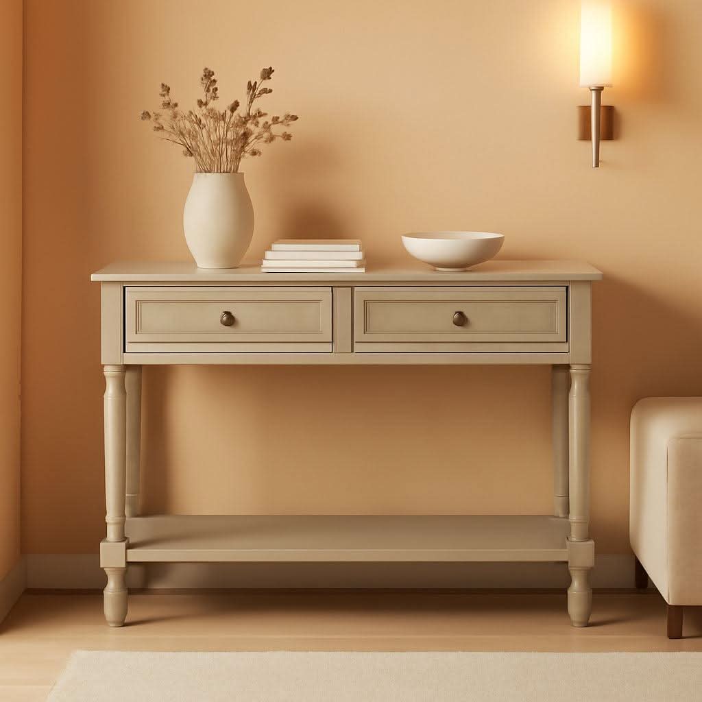 Greige Console Table With Two Drawers-0