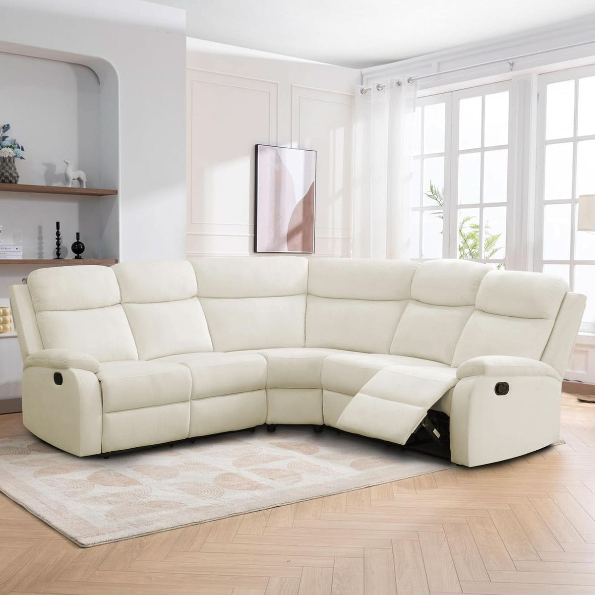 Off White Recliner Sectional Sofa Five Seats Living Room-1