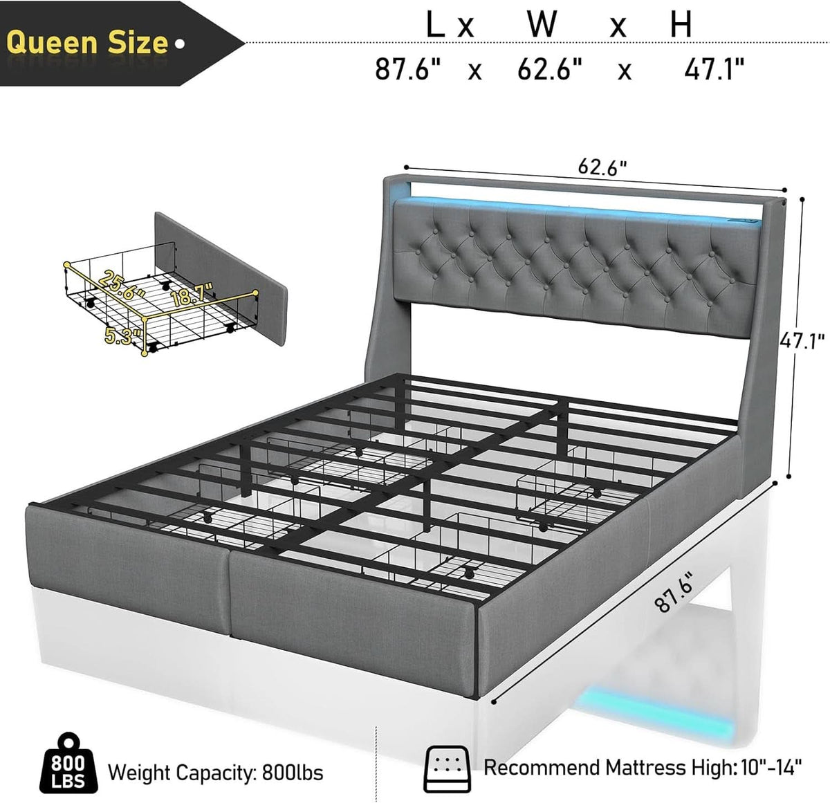 Queen Bed Frame With Storage Headboard LED Lighting-1