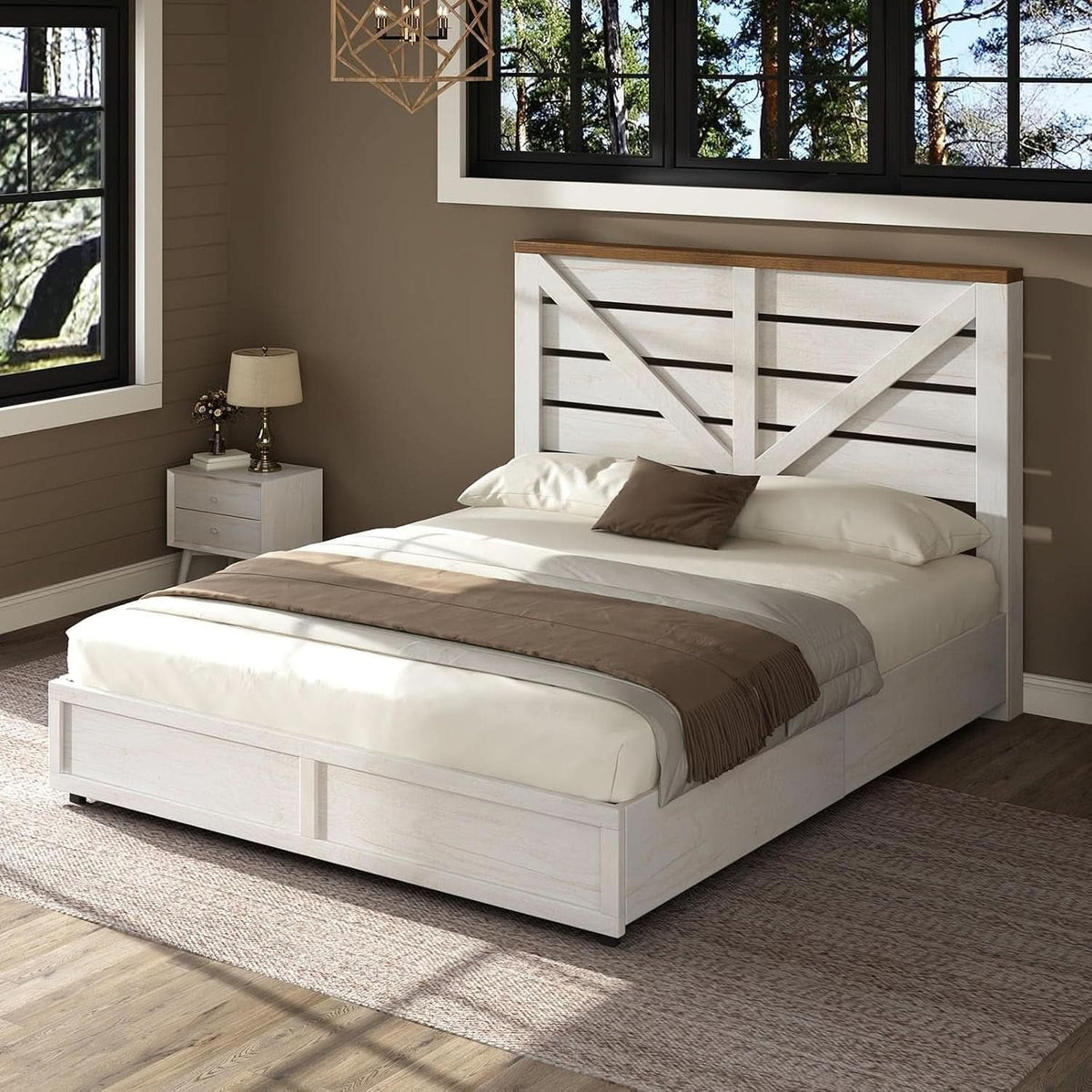 Barnwood White Farmhouse Storage Platform Bed Frame-4