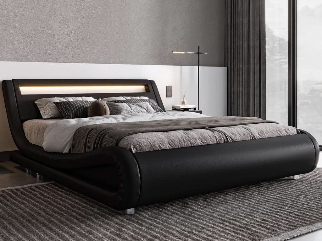 LED Platform Bed Frame Black Faux Leather Full Size Bed-2