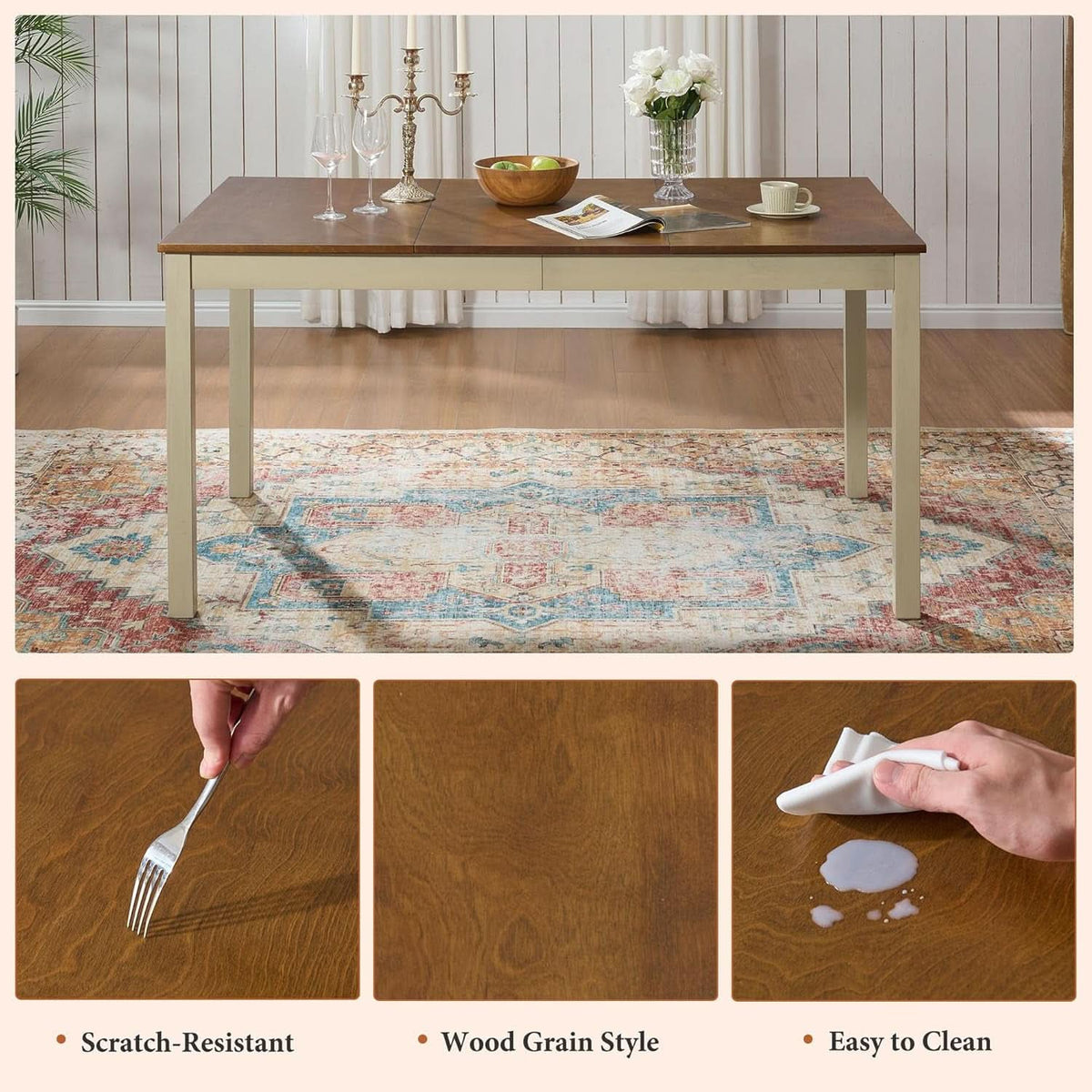 Farmhouse Handcrafted SolidWood Dining Table Set Cream-3