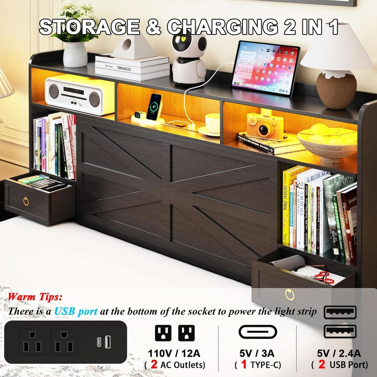 Queen Bed Frame With Storage Head board With LED Black-4