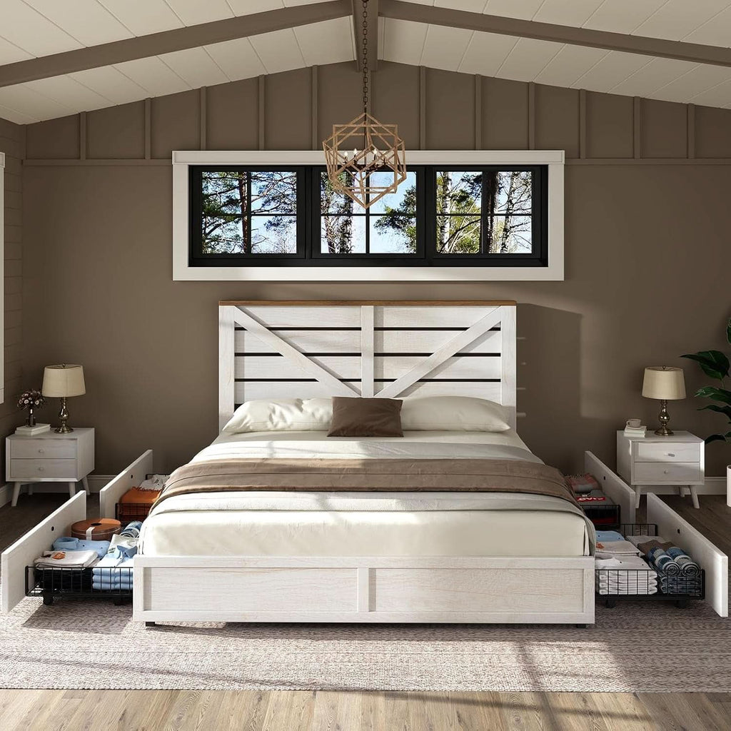 Barnwood White Farmhouse Storage Platform Bed Frame-2