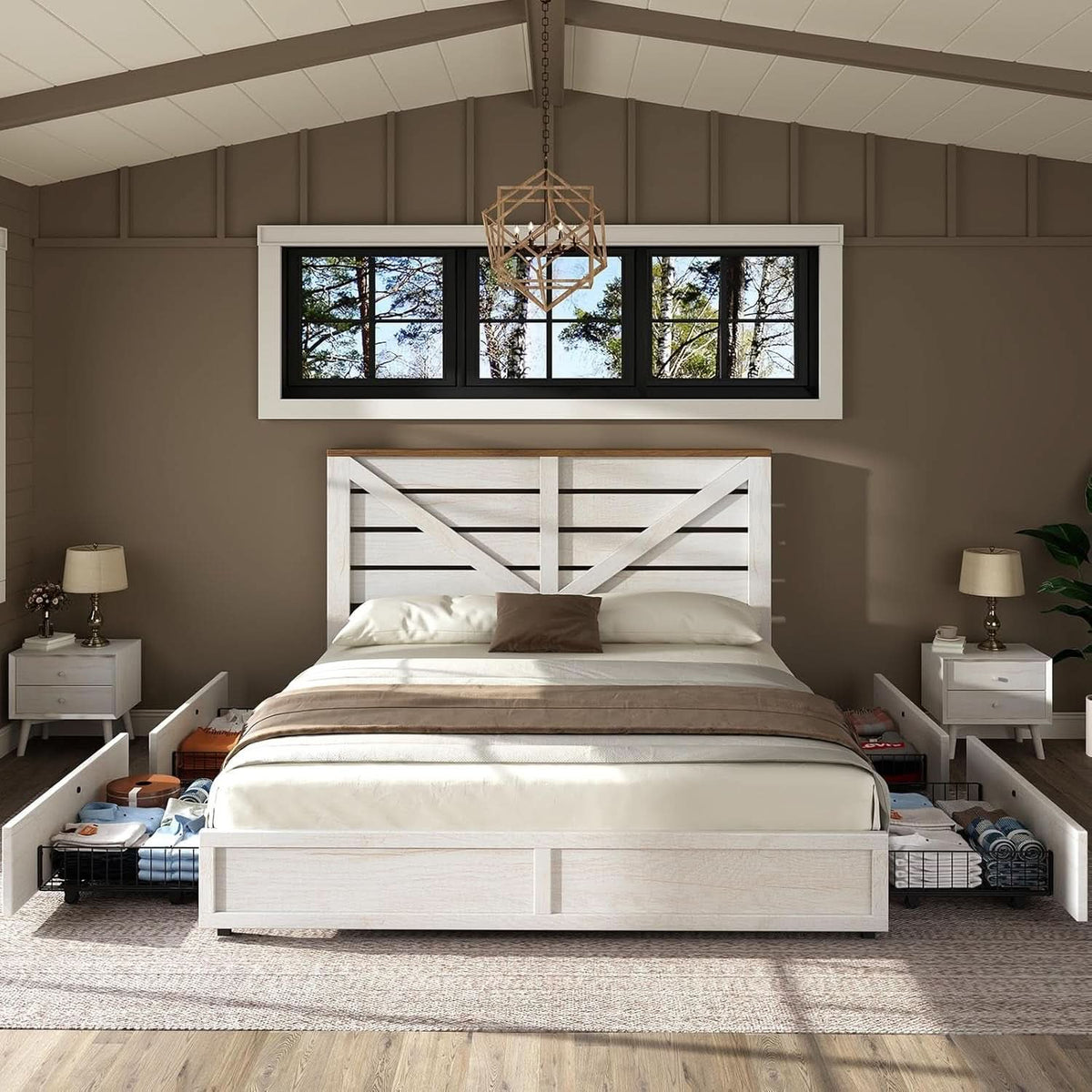 Barnwood White Farmhouse Storage Platform Bed Frame-2