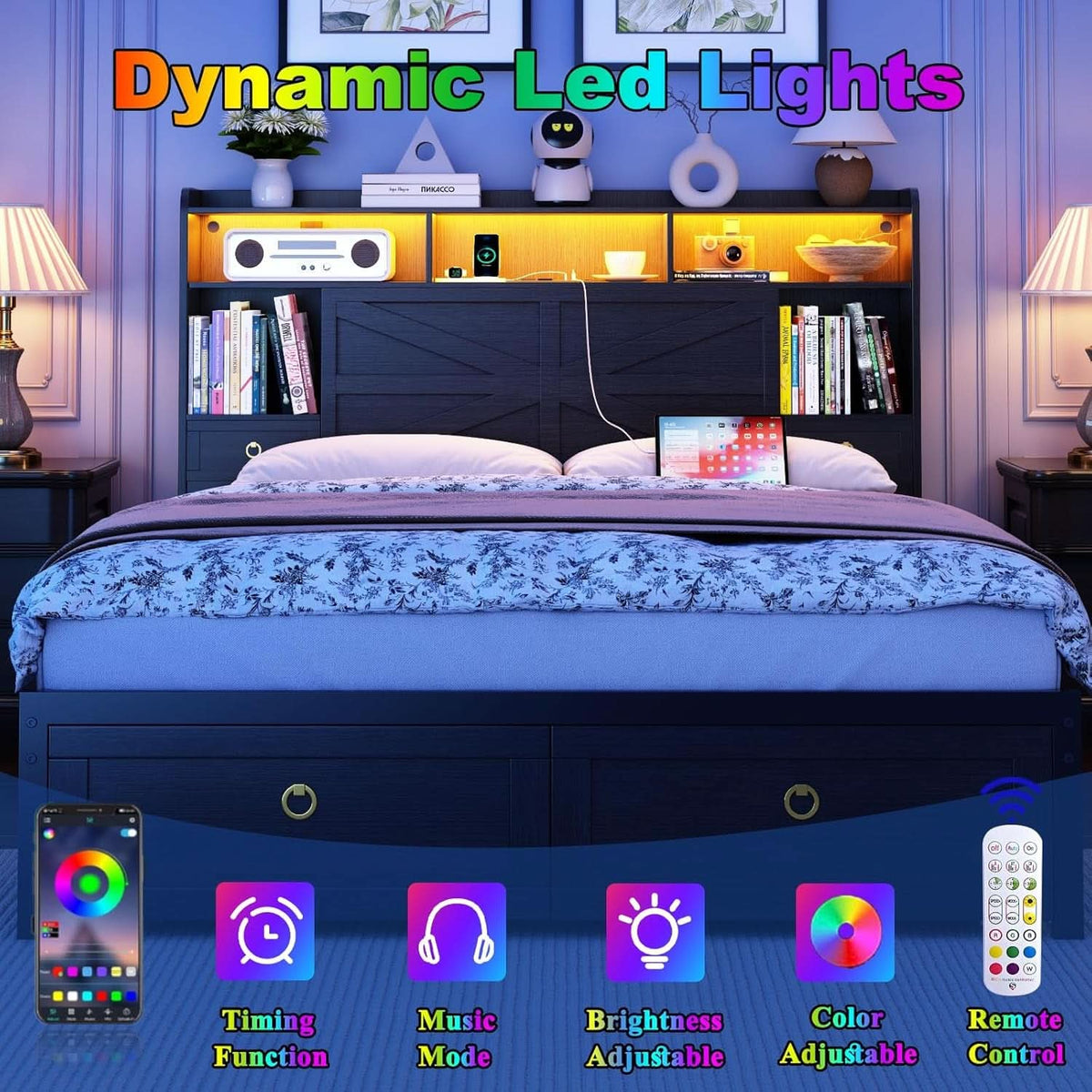 Queen Bed Frame With Storage Head board With LED Black-3