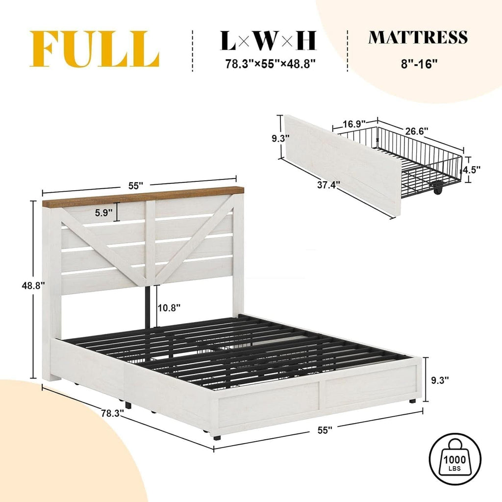 Barnwood White Farmhouse Storage Platform Bed Frame-1