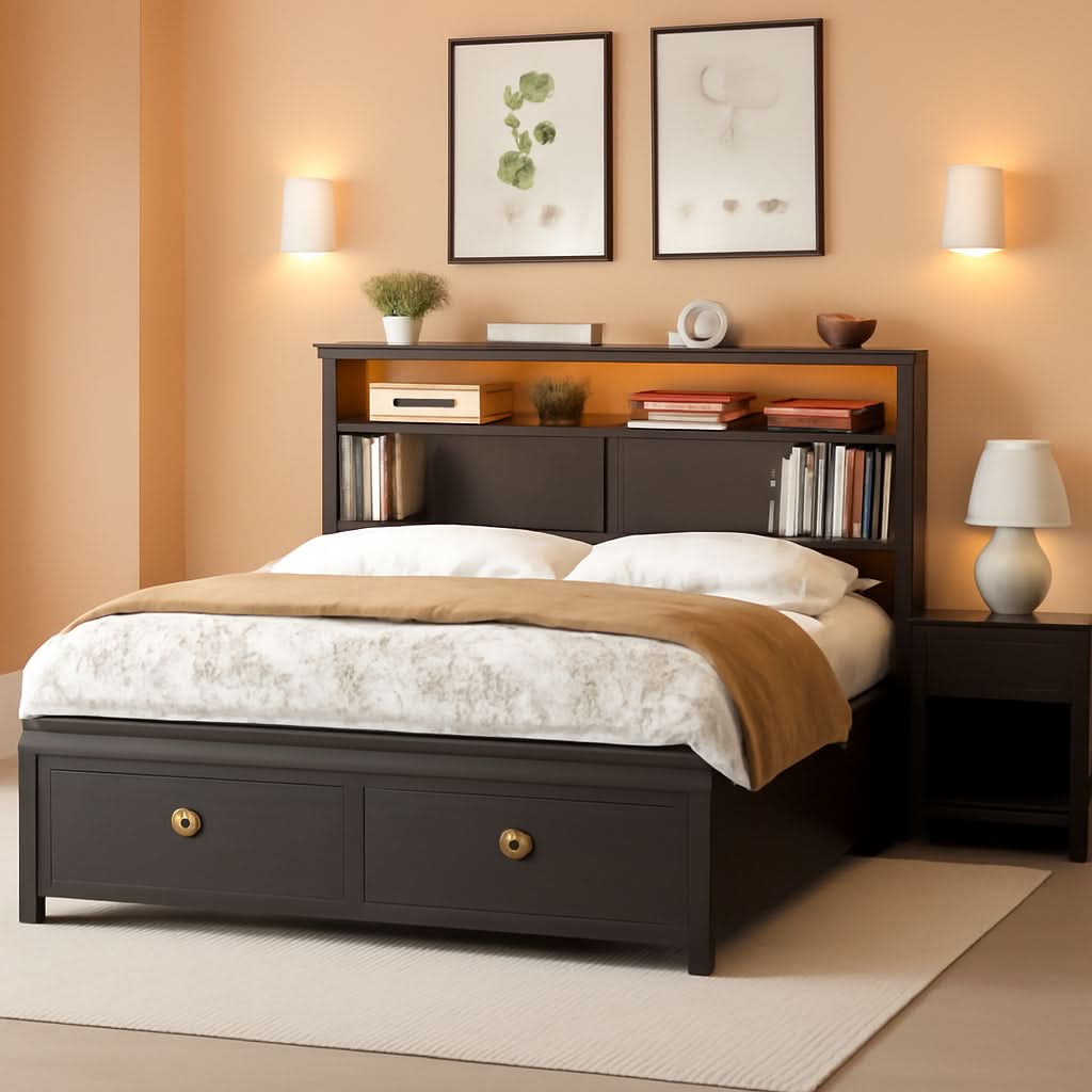 Queen Bed Frame With Storage Head board With LED Black-0