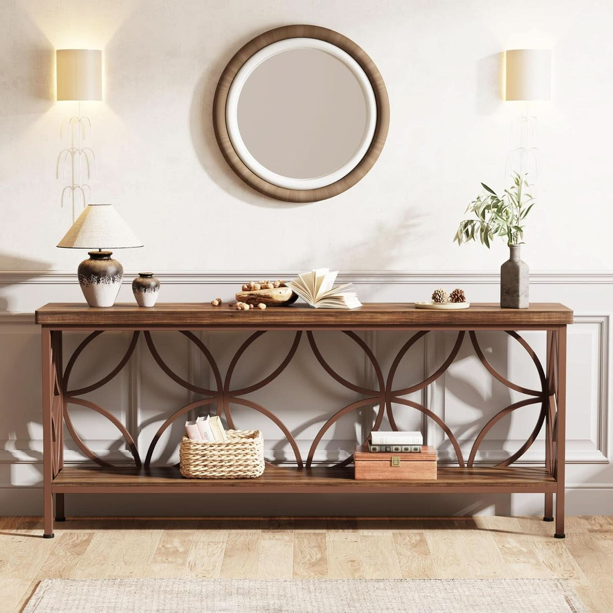 70.9-Inch Narrow Brown Industrial Storage Console Table-3