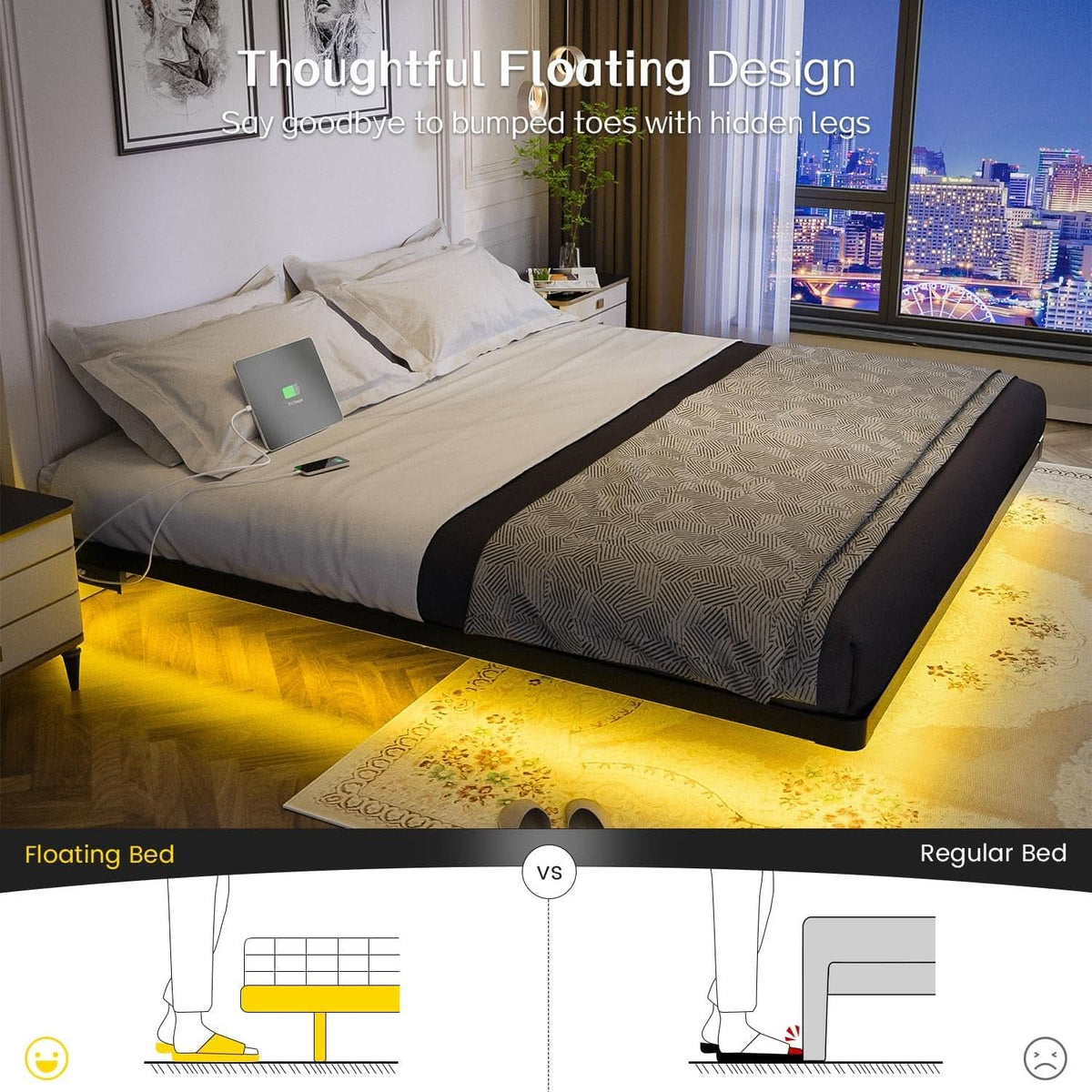 King Size Floating Bed Frame With Integrated LED Lighting-2