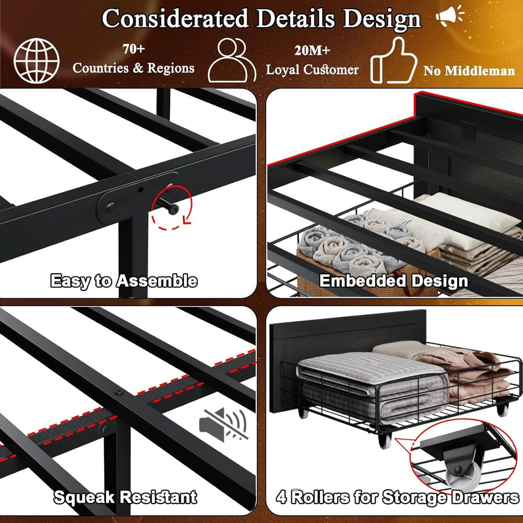 Queen Bed Frame With Storage Head board With LED Black-2