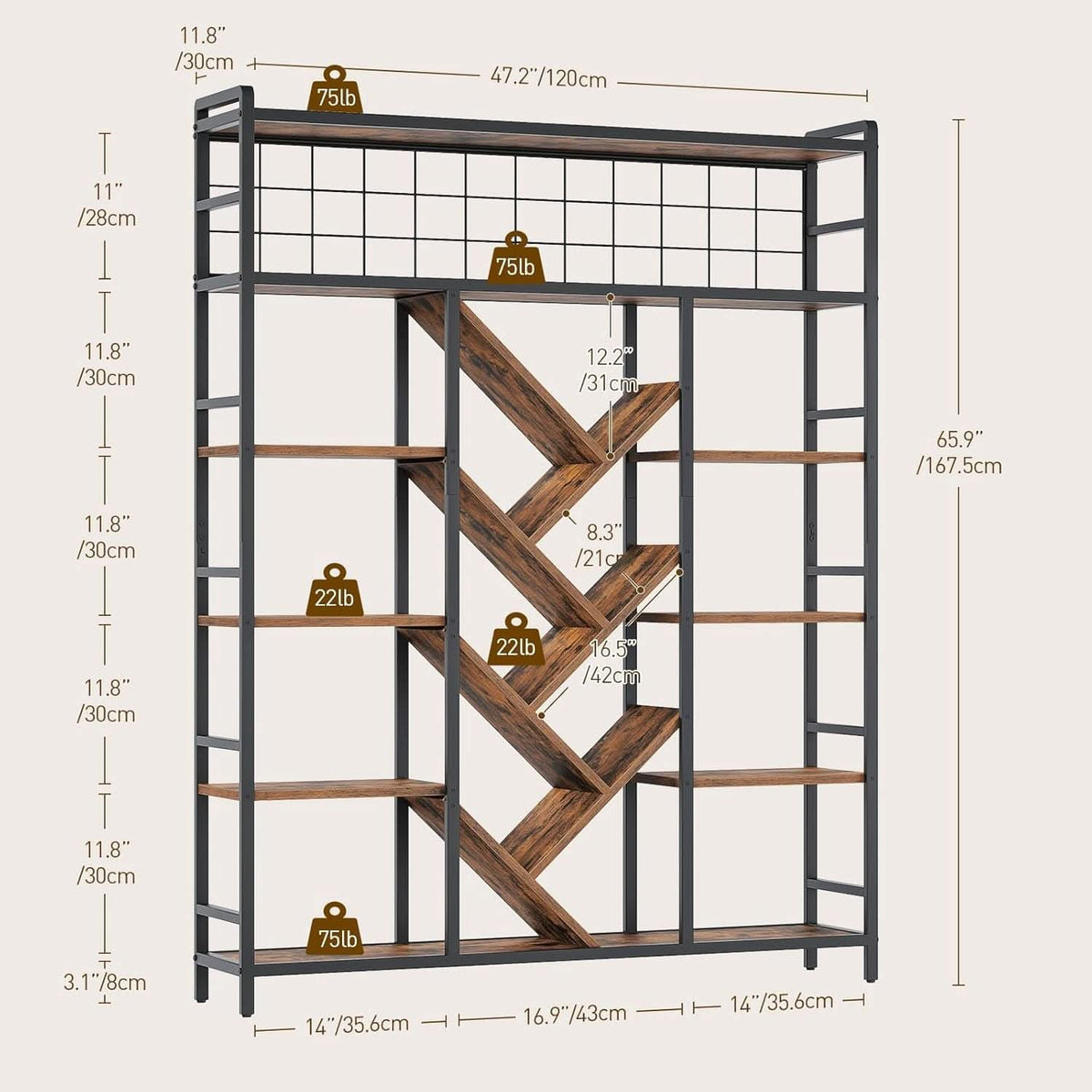Sturdy 6 Tier Industrial Bookcase Integrated Display
