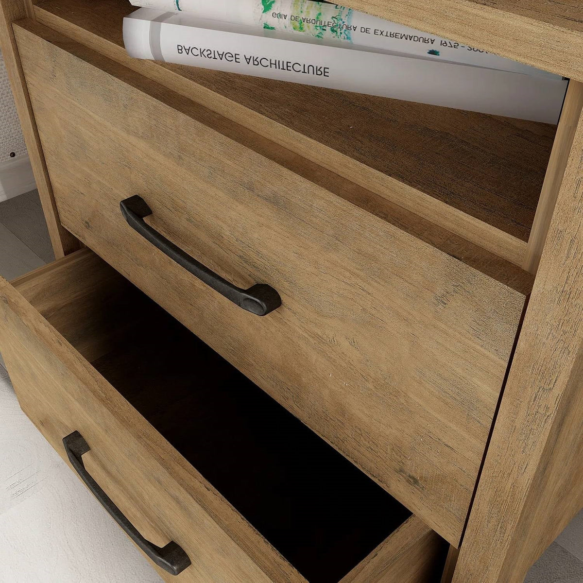 Modern Farmhouse 2-Drawer Nightstand Bedside Table in Brown Oak Wood Finish-1