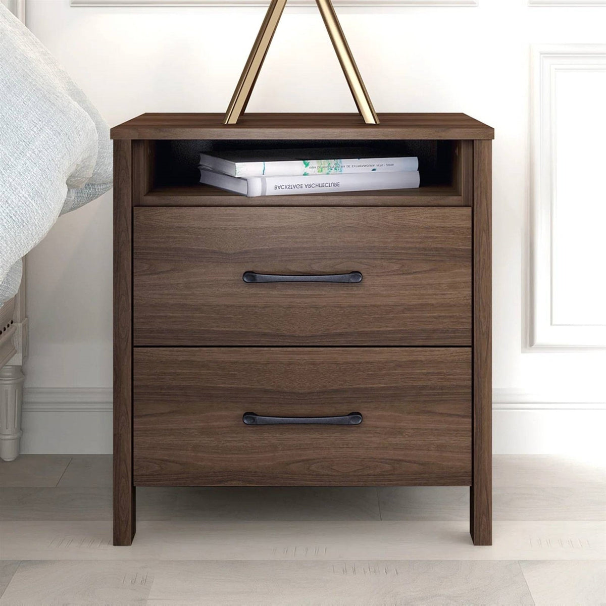 Modern 2-Drawer Nightstand Bedside Table in Brown Walnut Wood Finish-0