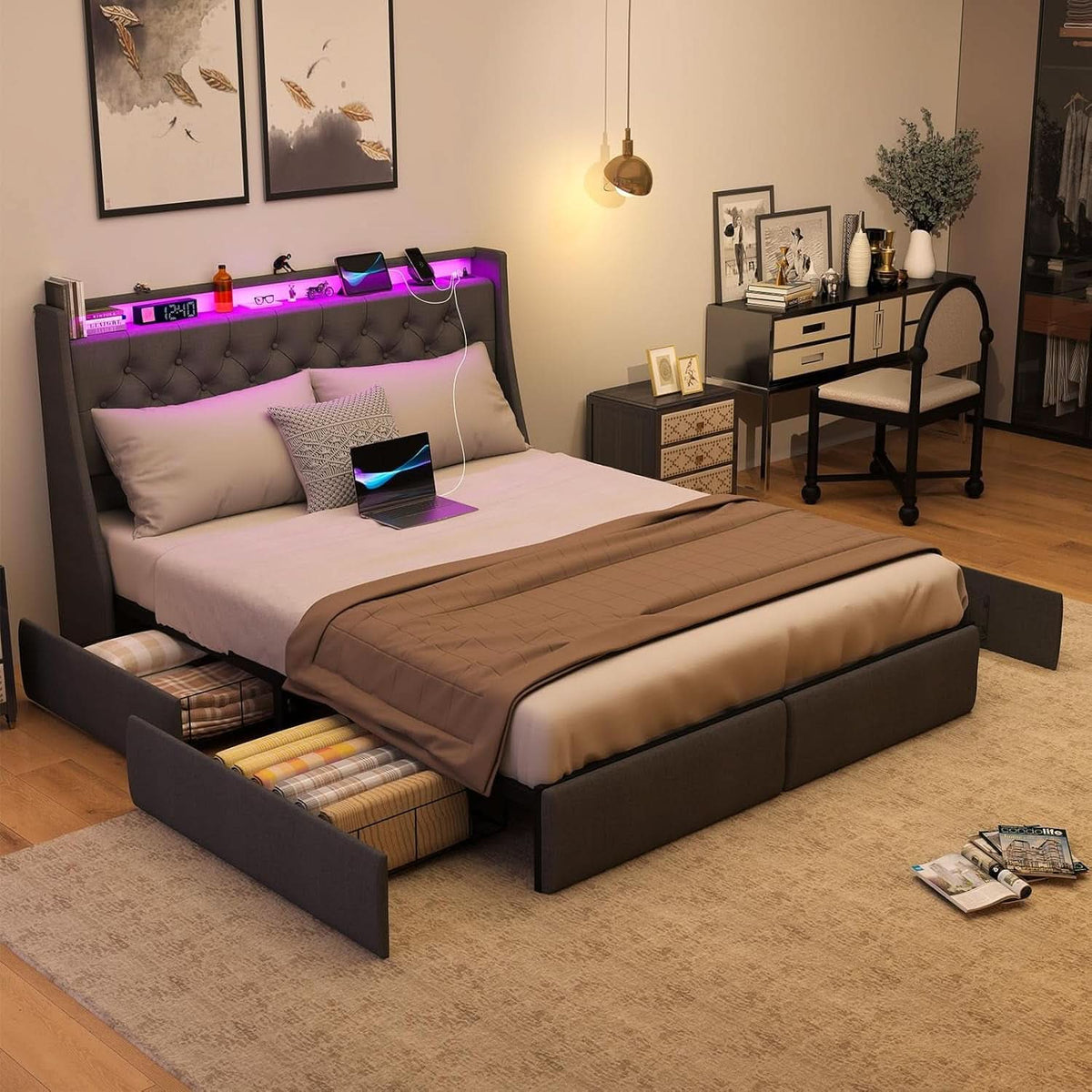 Queen Bed Frame With Storage Headboard LED Lighting-2