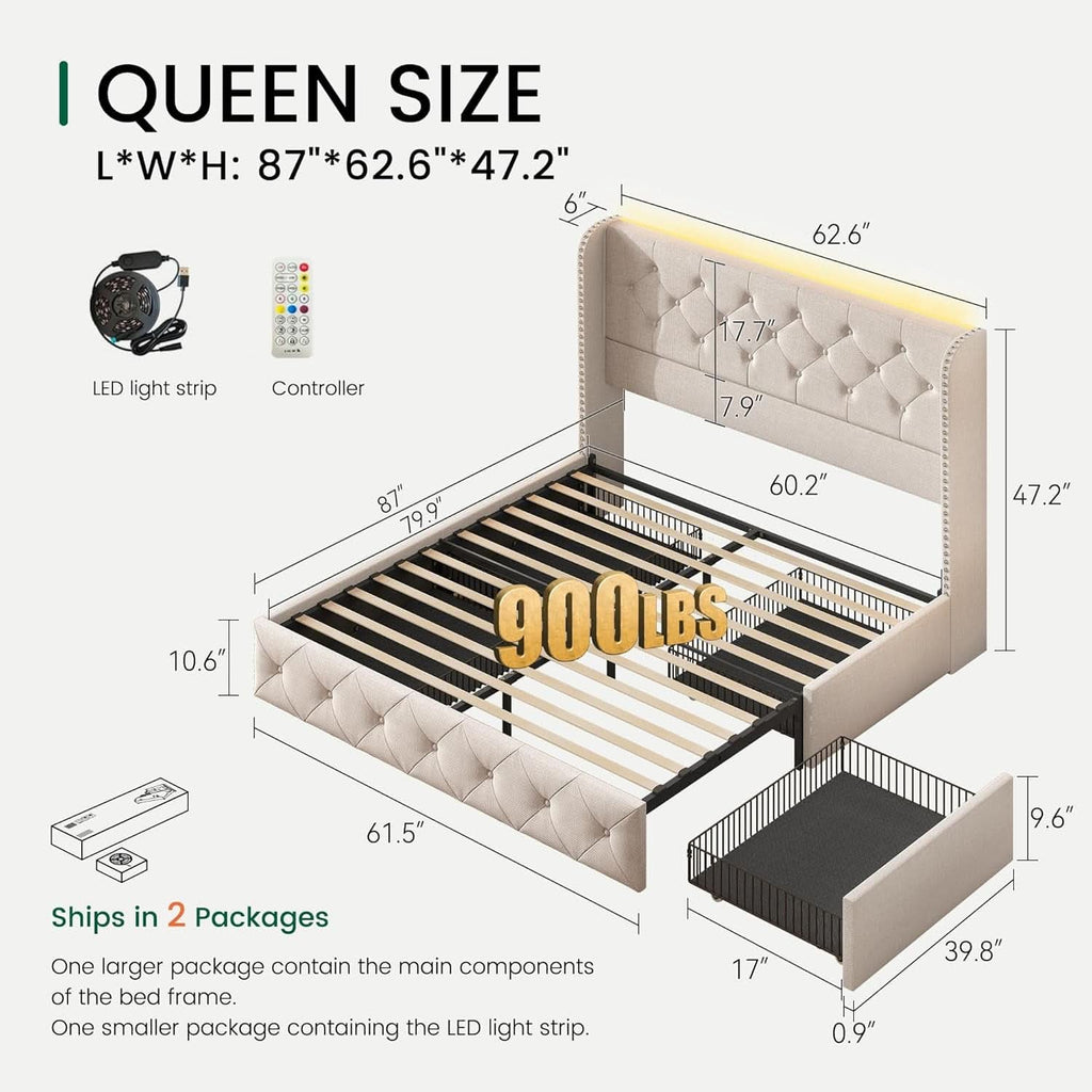 Queen Upholstered Platform Bed Frame Integrated LEDs-1