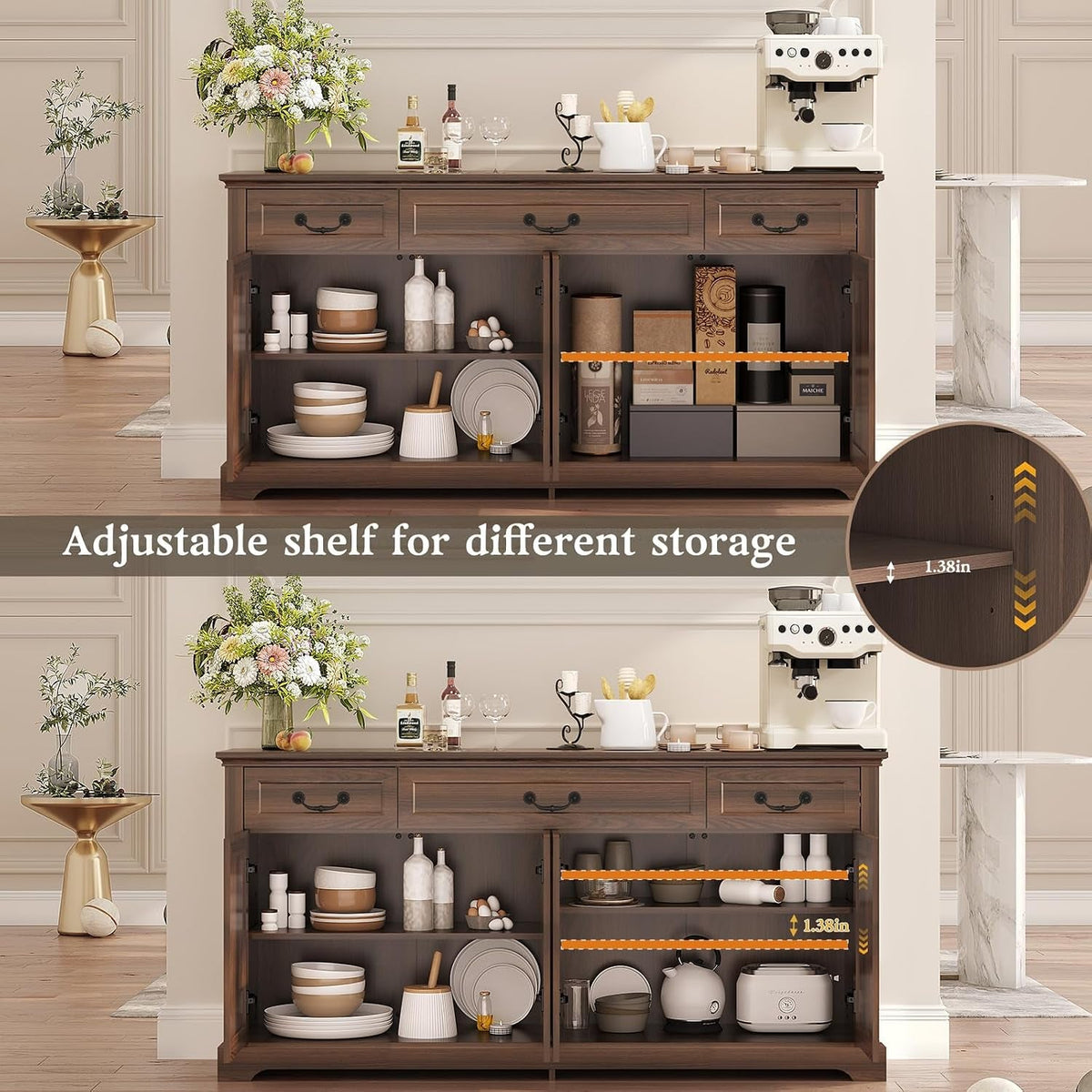 65Inch Walnut Farmhouse Style Sideboard Buffet Cabinet-4