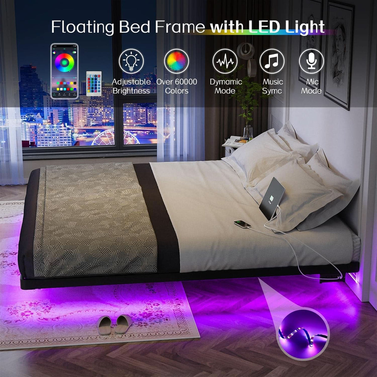 King Size Floating Bed Frame With Integrated LED Lighting-3