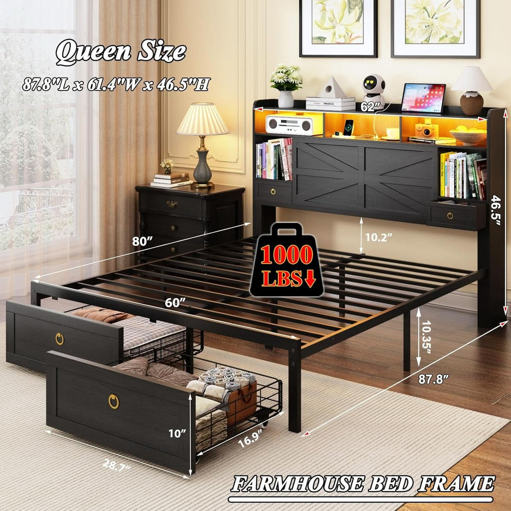 Queen Bed Frame With Storage Head board With LED Black-1