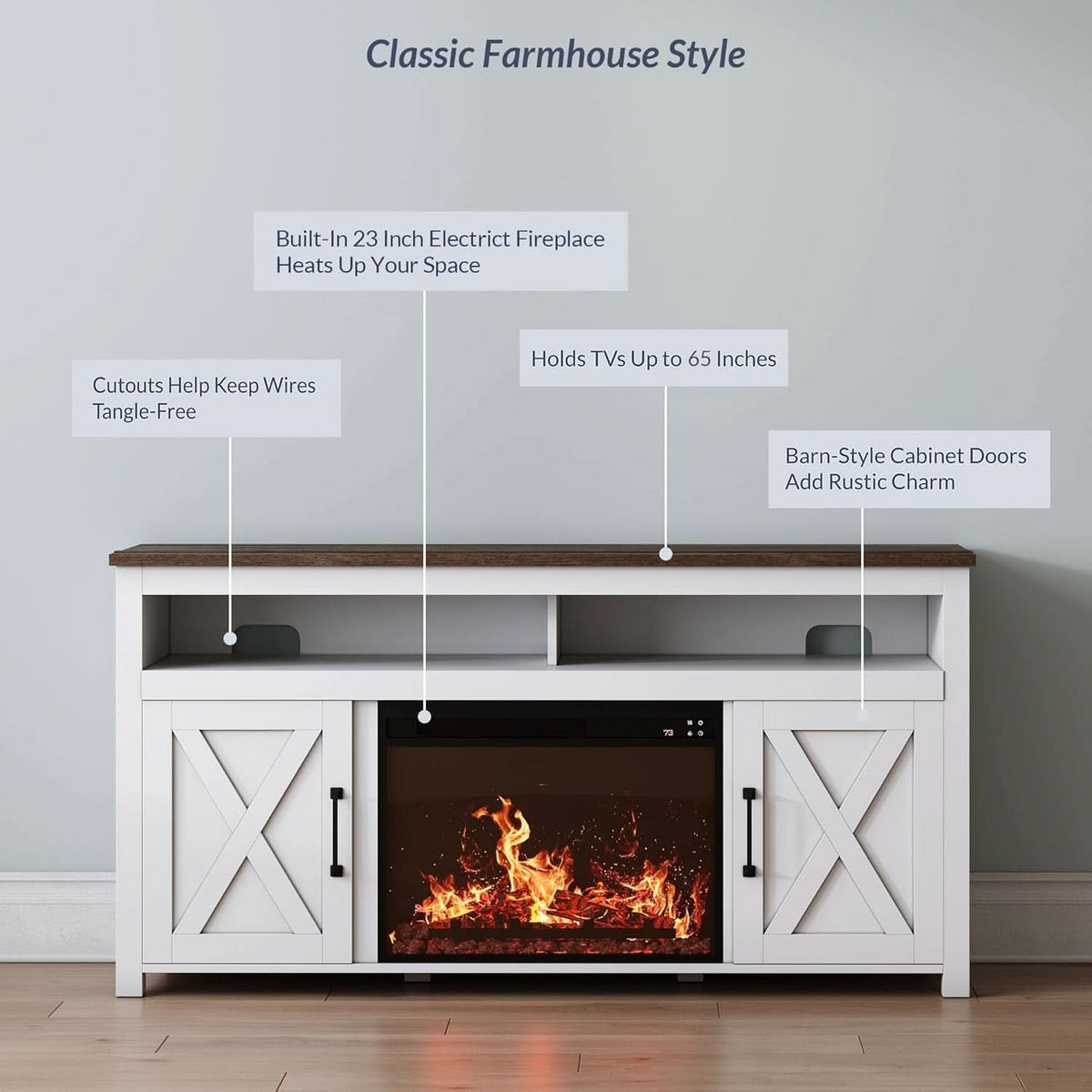 58 Inch White Farmhouse Fireplace TV Stand Cabinet-3