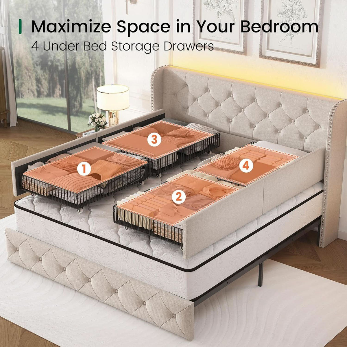 Queen Upholstered Platform Bed Frame Integrated LEDs-2