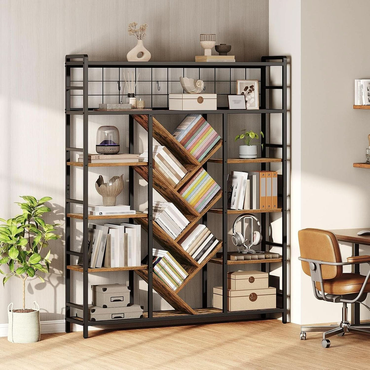 Sturdy 6 Tier Industrial Bookcase Integrated Display