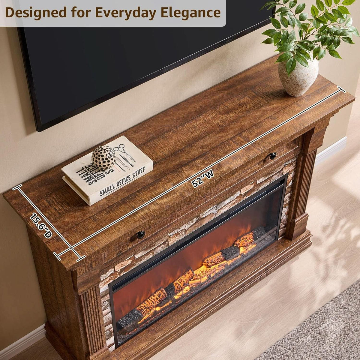 52 Inch Farmhouse Electric TV Stand Brown Wood Finish-3