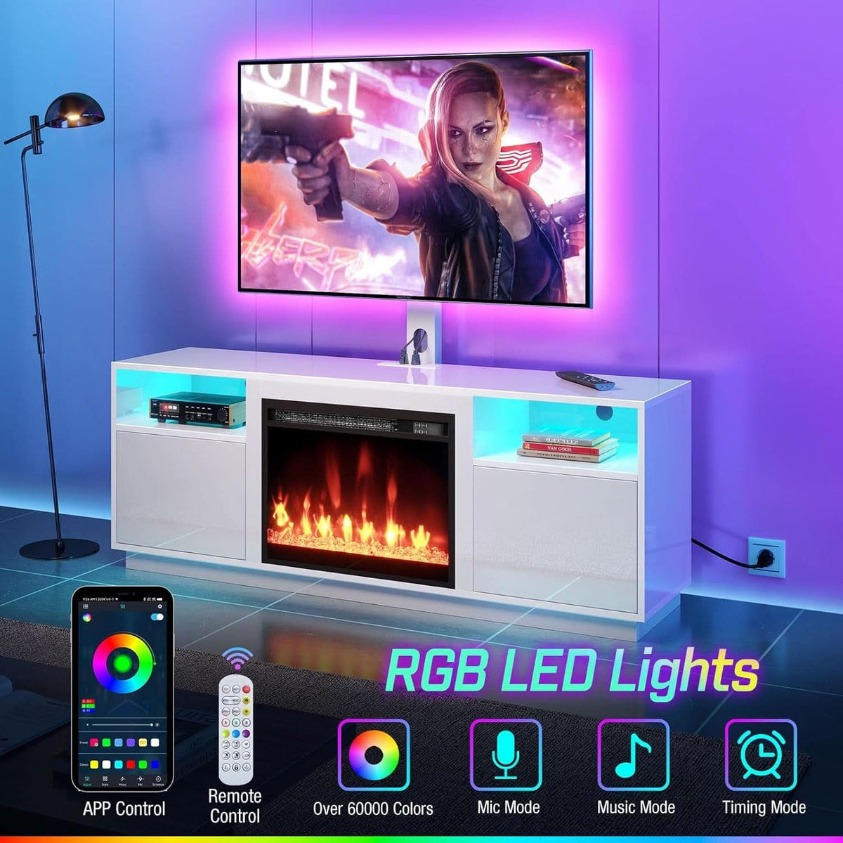 White Electric Fireplace TV Stand With Illumination-3