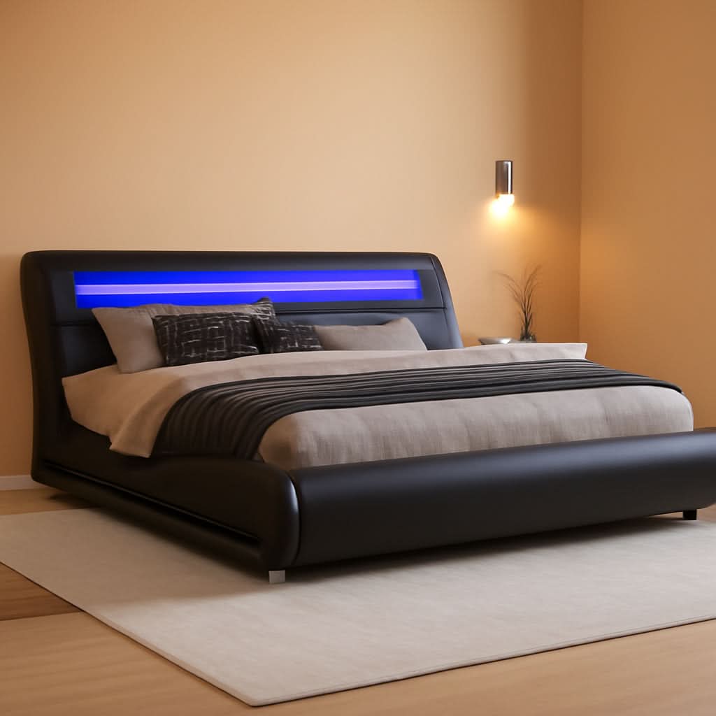 LED Platform Bed Frame Black Faux Leather Full Size Bed-0